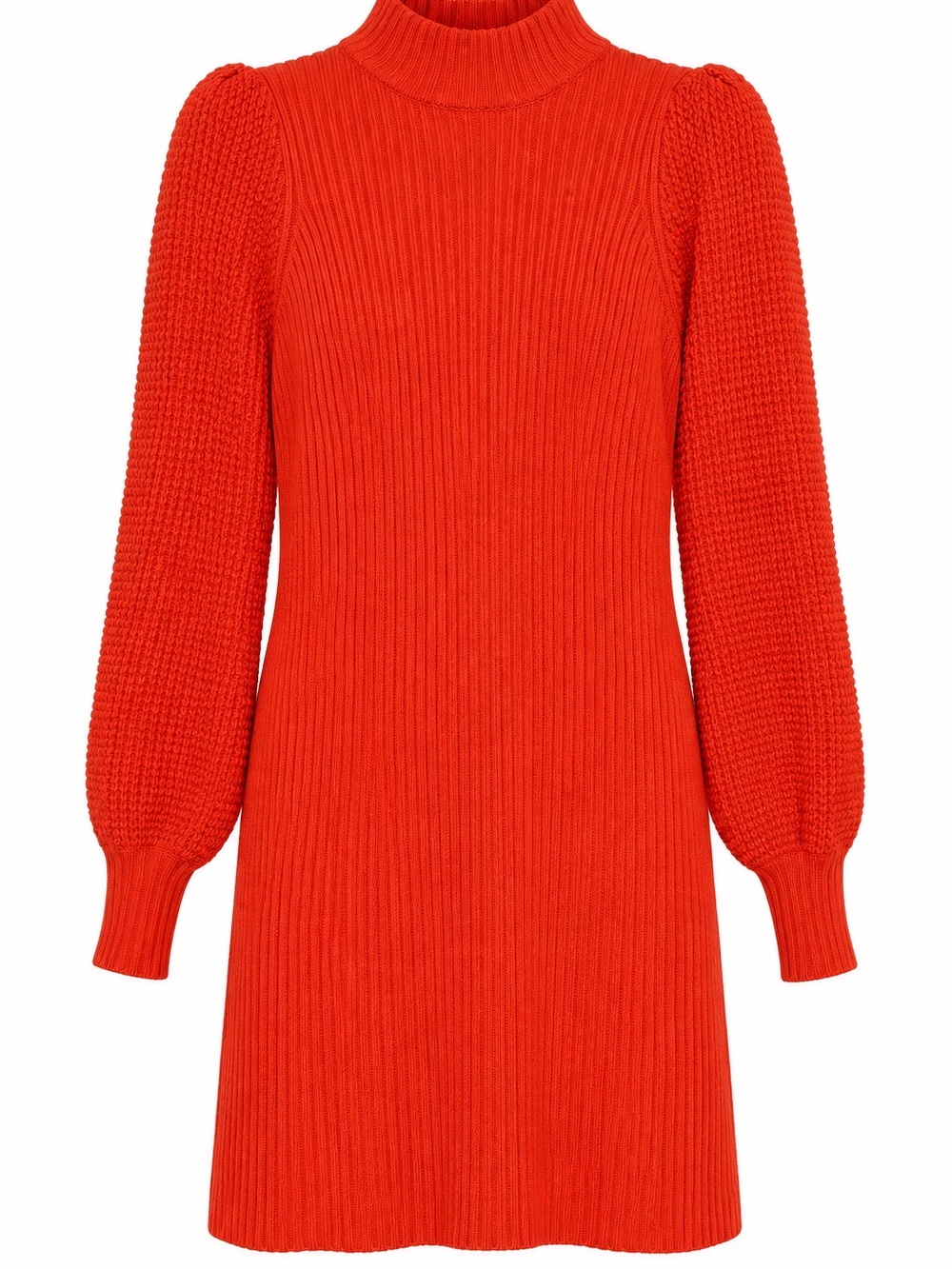 Fashion Nova Orange-Red Ribbed Turtleneck Sweater Dress with Balloon Sleeves
